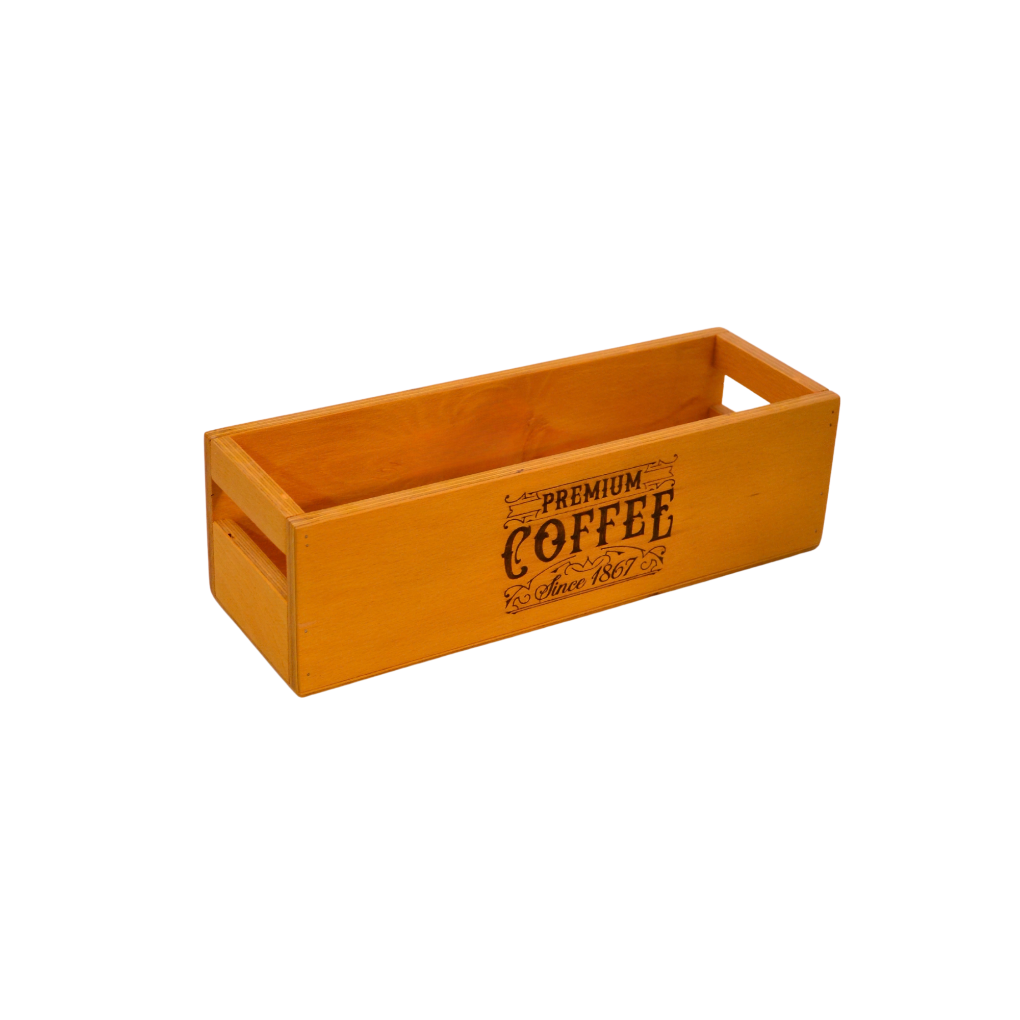 Coffee Temalı Sarı Ahşap Organizer 32 cm | Marin Kayın, El Yapımı Masa & Tezgâh