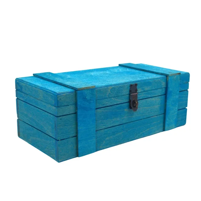 🔒🪵 Ahşap Dekoratif Kilitli Büyük Kutu – Mavi Transparan | 34 x 16 x 12 cm – Fotoğraf 1