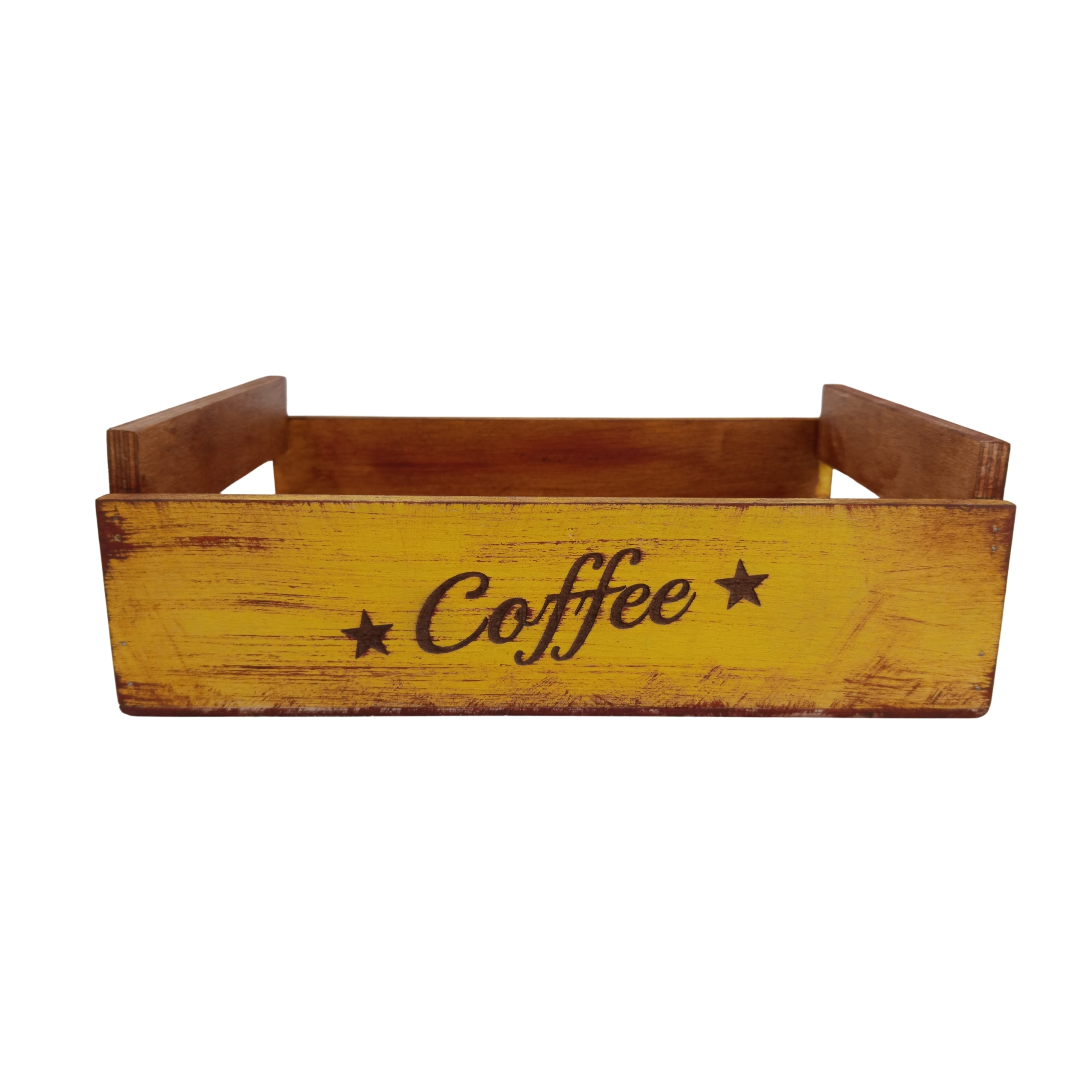 Vintage Tarzı Ahşap Kahve Tepsisi Sarı Coffee 30 X20x7cm