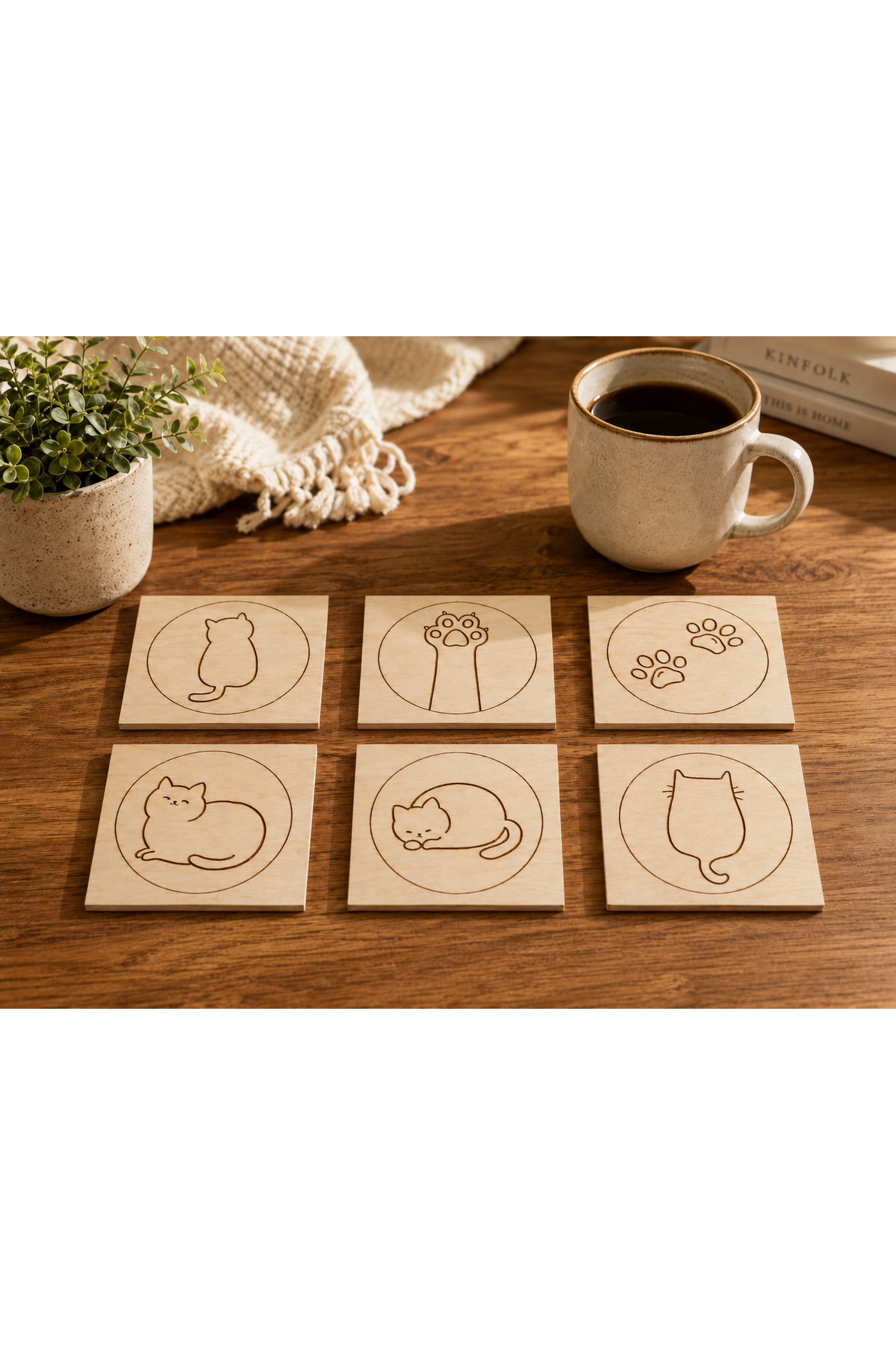 6’lı Kedi Temalı Ahşap Bardak Altlığı Seti – 9x9 cm Lazer Kazımalı