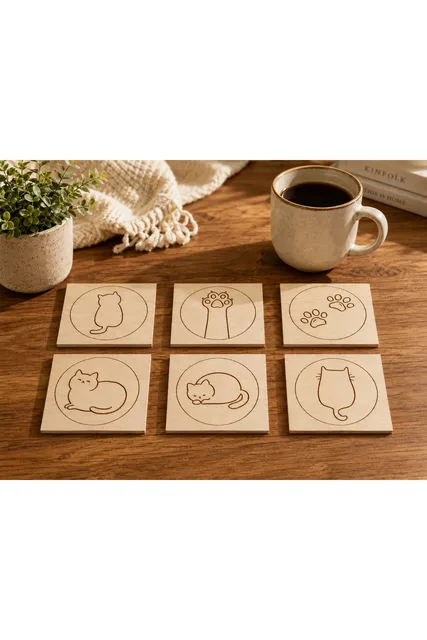 6’lı Kedi Temalı Ahşap Bardak Altlığı Seti – 9x9 cm Lazer Kazımalı – Fotoğraf 1