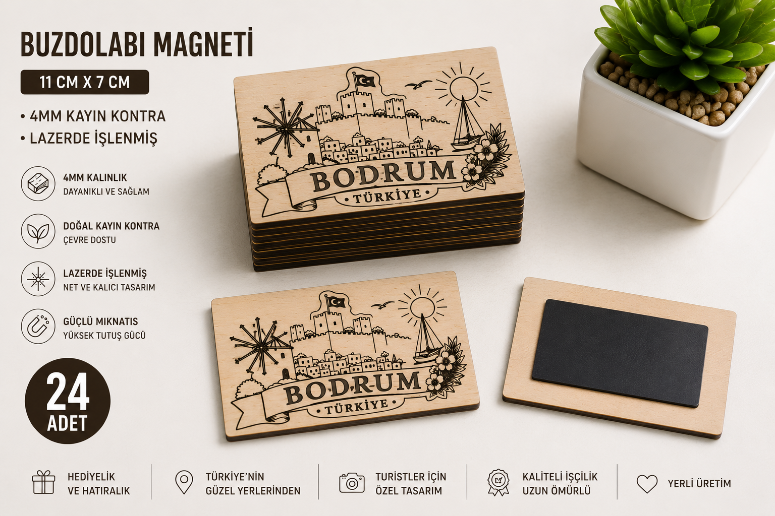 24 Adet Bodrum Ahşap Buzdolabı Magneti 11x7 cm 4 mm Lazer İşlemeli