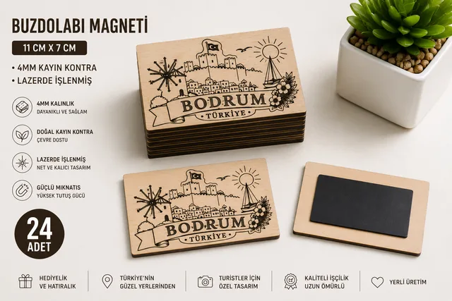 24 Adet Bodrum Ahşap Buzdolabı Magneti 11x7 cm 4 mm Lazer İşlemeli – Fotoğraf 1