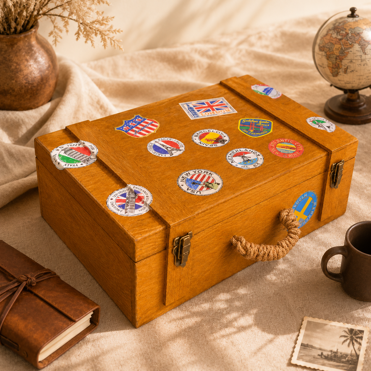 Dekoratif Retro Ahşap Bavul Valiz | Sarı Meşe | 43×30×14 cm