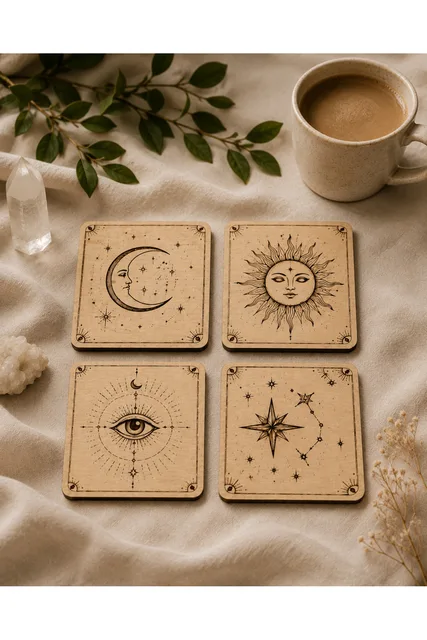 4’lü Tarot Sembollü Ahşap Bardak Altlığı Seti 4 mm Kavak Kontra Lazer Kazımalı – Fotoğraf 1