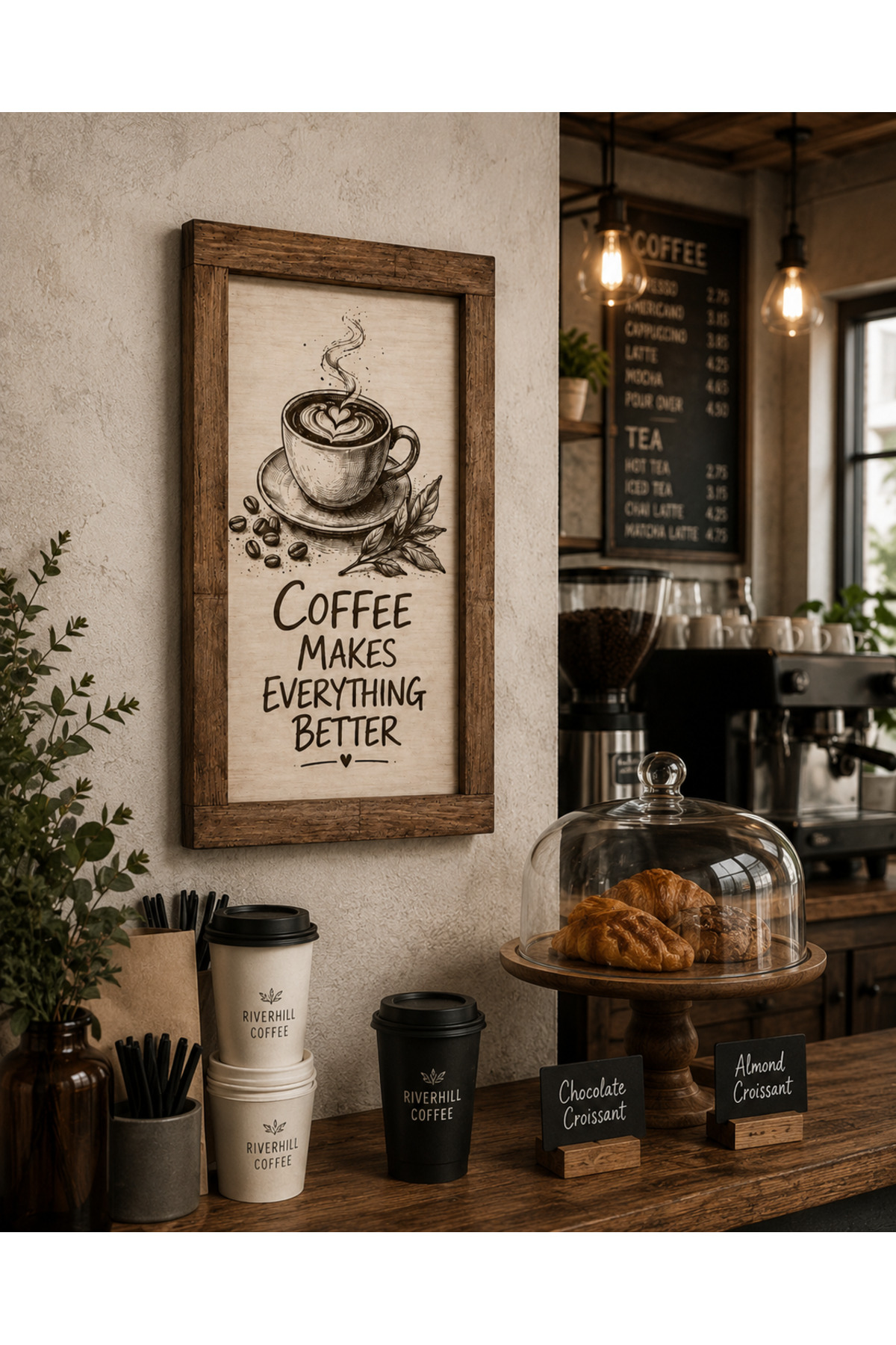 Coffee Makes Everything Better Yazılı Ahşap Mutfak Panosu – 30 cm Dikey Kahve Kö