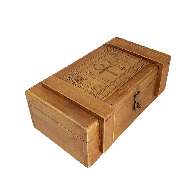 Antik Mısır Temalı Kilitli Ahşap Kutu – 30×16×10 cm | Sarı Meşe Vernik, Gold Esk – Fotoğraf 1