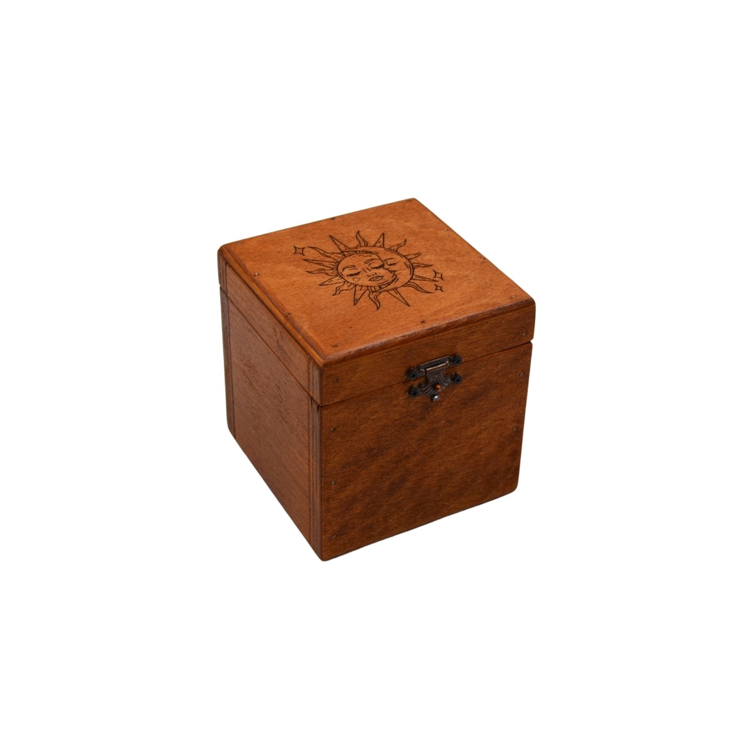 Güneş ve Ay Sembollü Mini Ahşap Kutu 10X10cm Genişlik 10Cm Yükseklik