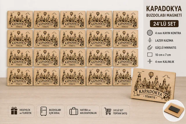 Kapadokya Buzdolabı Magneti 24'lü Set | 10x7 cm Ahşap Lazer Kazıma 4 mm – Fotoğraf 1