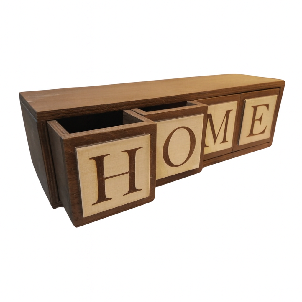 Home Yazılı Dekoratif Çekmeceli Ahşap Organizer – 42x12x10 cm