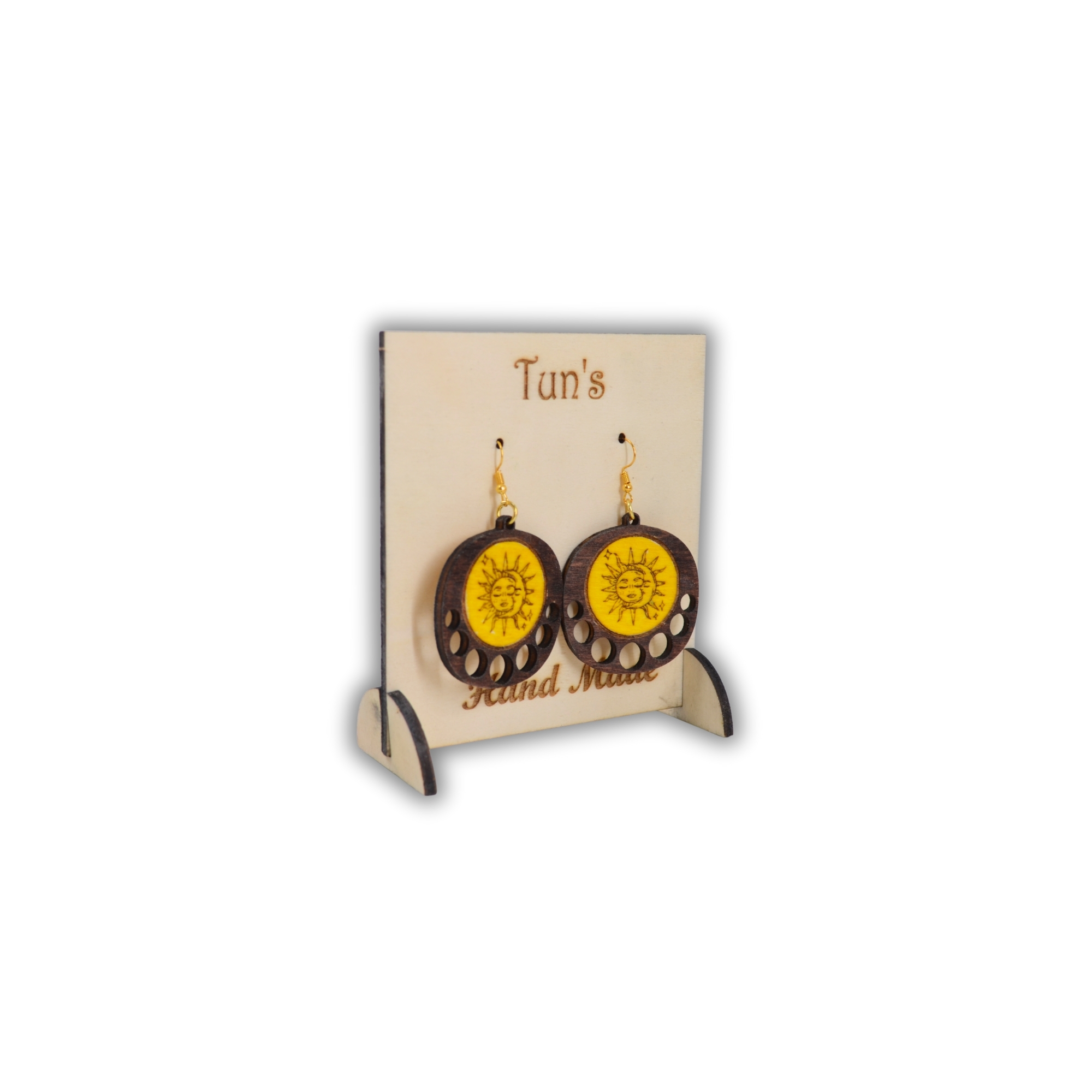 🌞🌙 Güneş & Ay Sembollü 4mm Ahşap Küpe – Altın Renk Metal Antialerjik Askı, Haf