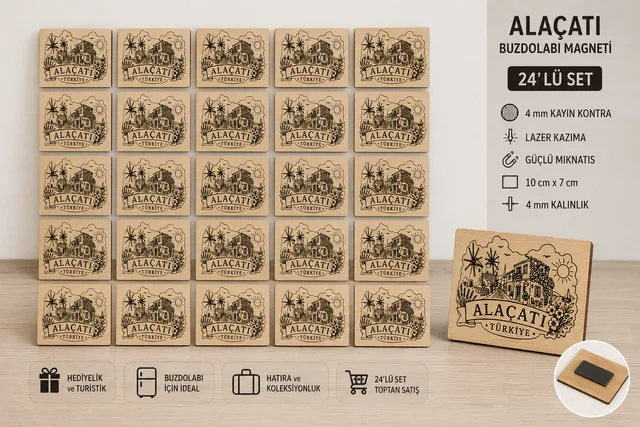 Alaçatı Buzdolabı Magneti 24'lü Set | 10x7 cm Ahşap Lazer Kazıma 4 mm – Fotoğraf 1