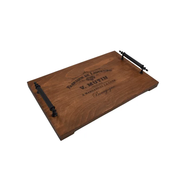 ☕ Retro Ahşap Tepsi – Metal Kulplu | 35 cm x 22 cm 🖤 – Fotoğraf 1