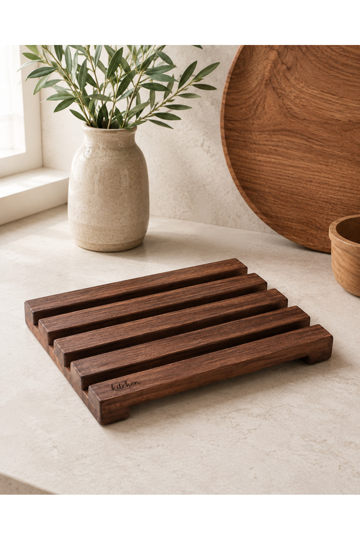 15x15 Cm Ahşap Nihale Ceviz Renk Su Bazlı Vernikli Tırtıklı Tasarım Mutfak Altlı