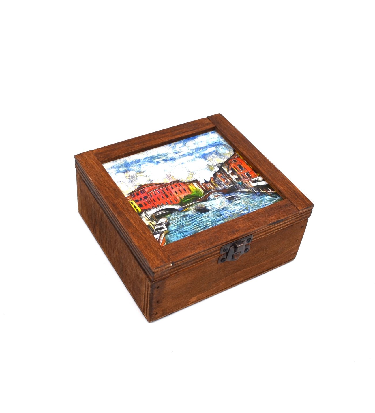 Van Gogh Tarzı Resimli Ahşap Retro Kutu 15cm x 15cm 6cm Yükseklik