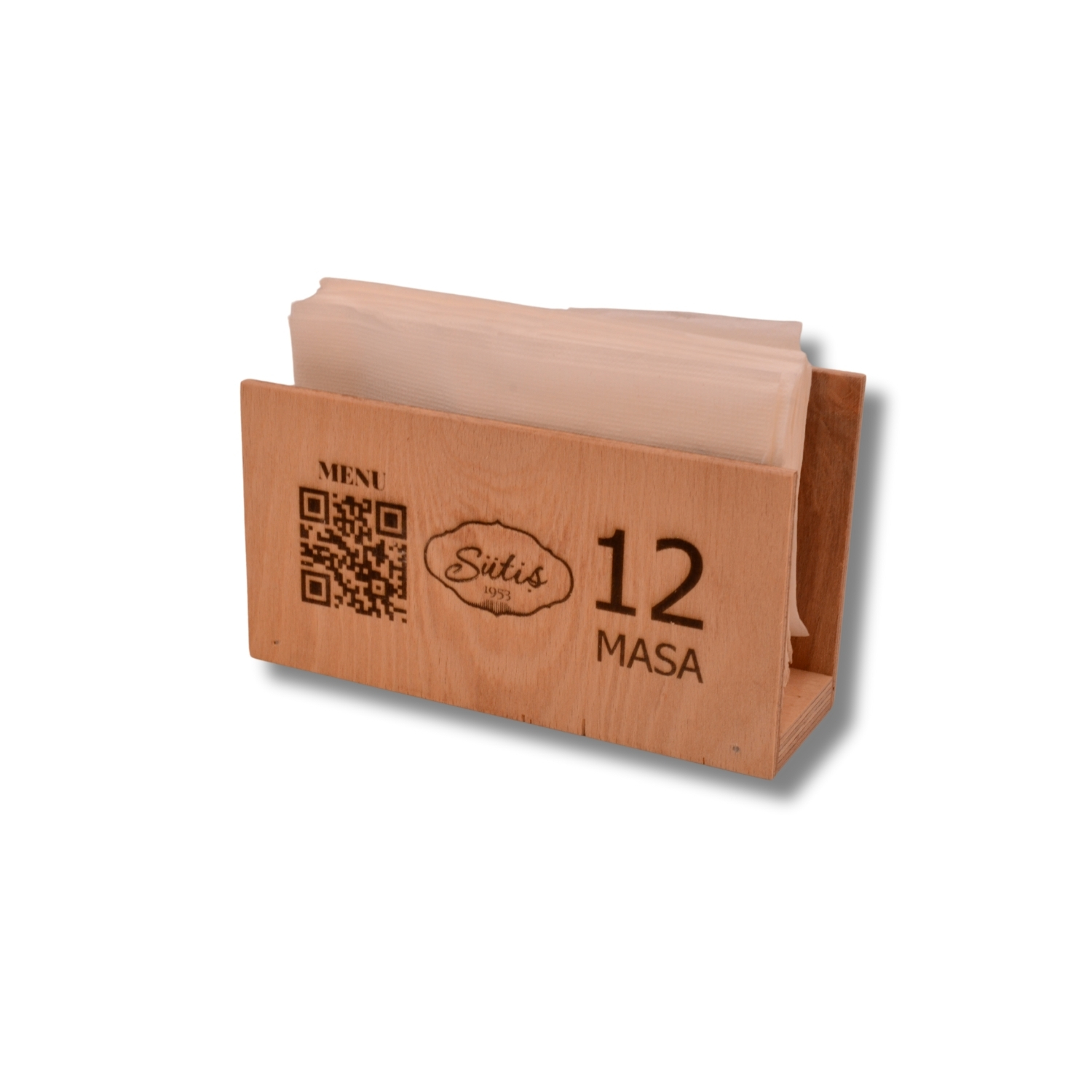 📱🪵 QR Menü Peçetelik & Masa Numaralı – 15 cm Doğal Kayın Ahşap