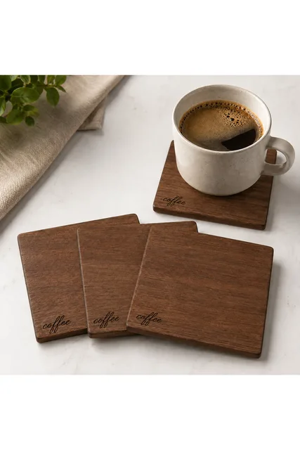 4’lü Coffee Yazılı Ahşap Bardak Altlığı Seti Ceviz Renk Lazer Kazımalı 4mm Doğal – Fotoğraf 1
